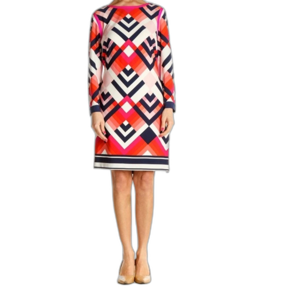 Eliza J NWOT Women's Red Black Ivory Geometric LS Knee Length Shift Dress Size 4